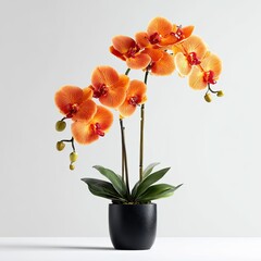 Vibrant orange phalaenopsis orchids in full bloom, elegantly arranged in a sleek black pot, against a minimalist white backdrop