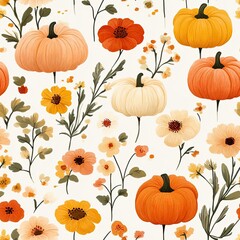 Beautiful autumn pumpkin and floral seamless pattern with warm orange tones, perfect for seasonal designs and fall decorations.