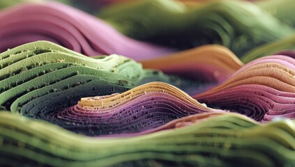 Abstract landscape of layered, pastel-colored, undulating forms with a textured surface