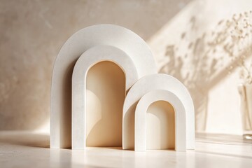 Two off-white arched structures, nested, cast shadows on a light beige surface, bathed in soft sunlight
