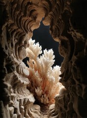 Creamy white coral, resembling a delicate flower, is framed by a textured, earthy-toned cave opening, starkly contrasted against a dark background