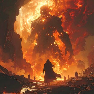 A fiery giant dominates a landscape, dwarfing figures below. The scene is dramatic, with a glowing sky and silhouettes