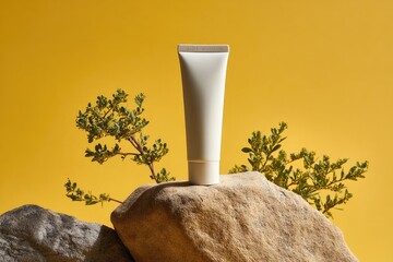 White tube of cream rests atop grey rocks, flanked by small green plants against a vibrant yellow background