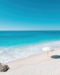 Serene beach scene azure water meets pristine white sand, a solitary white umbrella casts a shadow on the shore, suggesting tranquility and summer escape