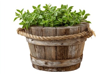 Lush oregano plant in a rustic wooden bucket secured with rope