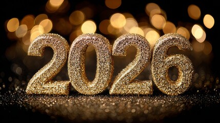 Golden 2026 numbers with shimmering glow and bokeh lights on dark background for new year celebration and festive prosperity