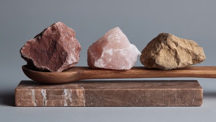 Three rough, irregularly shaped stones?reddish-brown, pale pink, and tan?rest on a wooden spoon atop a marble slab against a gray backdrop