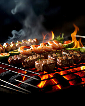 bbq grill sizzling meat smoke background ai