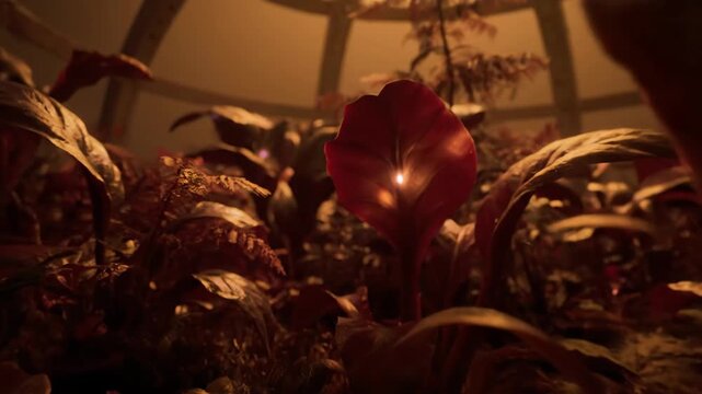 Artificial biosphere dome interior on Mars with lush tropical plants. Futuristic habitat for space colonization and terraforming concept. Video footage