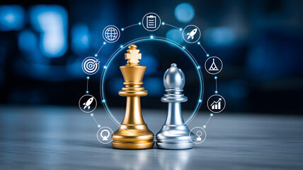 Strategic business decisions illustrated with gold and silver chess pieces and data icons for planning, growth, and innovative solutions in a competitive market