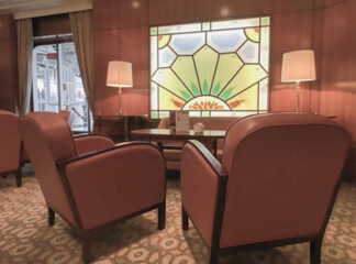 Elegant interior design furnishing bar lounge area onboard cruiseship cruise ship liner in Art Deco...