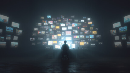 Obraz premium 複数のモニターに囲まれた人物が情報を分析するデジタル環境「生成AI」