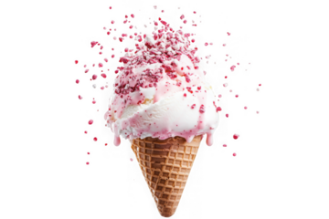 White ice cream cone with pink drizzle and red sprinkles exploding image