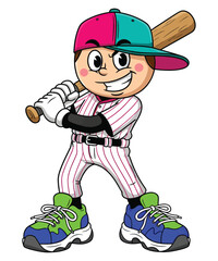 Cartoon Baseball Player Ready to Bat Illustration of a determined young baseball player holding a bat and wearing a striped uniform