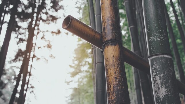 clacking. Bamboo stalks swaying and clacking in forest breeze with filtered daylight and motion blur. gardening catalogs, home-decor guides, designed for home decor and floral branding.
