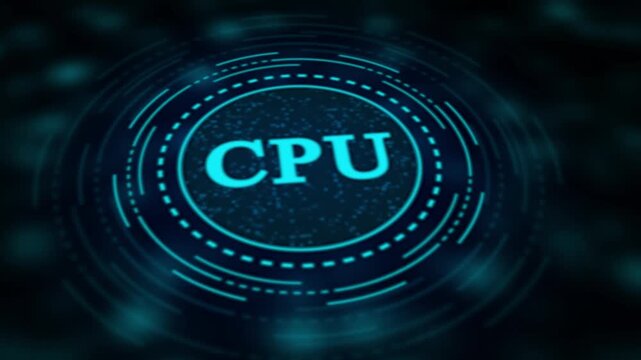 Glowing neon blue circle with the word CPU in the center on a dark abstract background processor computer