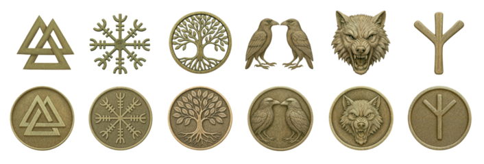 Viking sacred symbols collection, separated and engraved on a coin, isolated on transparent background	