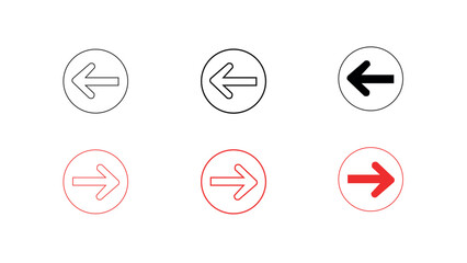 Set of simple round arrow icons including left arrows in black and outline, and right arrows in red and outline, perfect for navigation and directional cues in digital interfaces and graphic design pr