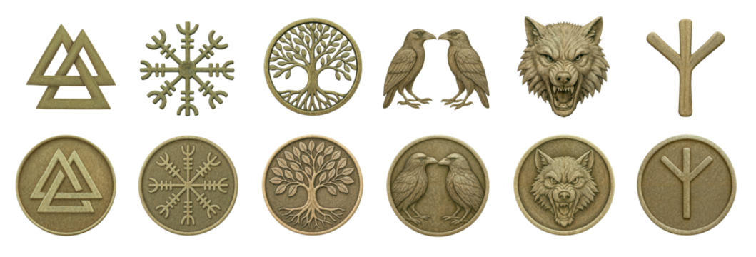 Viking sacred symbols collection, separated and engraved on a coin, isolated on transparent background	