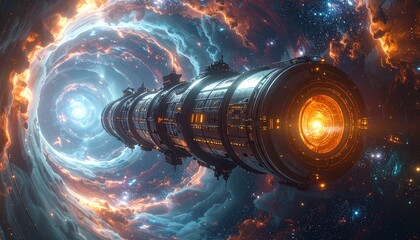 Futuristic Spaceship Navigating Through a Vibrant Cosmic Wormhole.