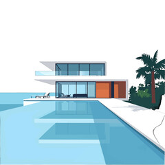 Modern White Two Story Home with Blue Swimming Pool and Palm Trees Under a Clear Sky Digital Illustration Optimized for Adobe Stock