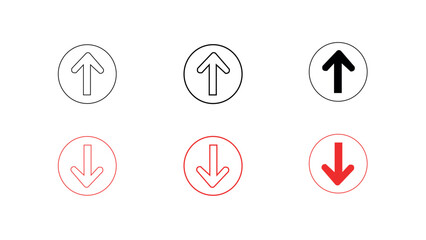 Set of black and red arrow icons inside circles representing up and down directions, perfect for navigation and directional signage design elements.	