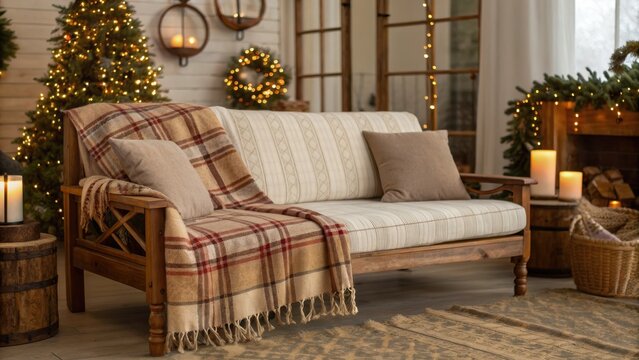 rustic farmhouse christmas decor ideas Cozy living room with a wooden couch, blankets, candles, and festive decorations. - Powered by Adobe