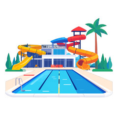 Naklejka premium Vibrant Water Park with Yellow and Red Slides Blue Pool and Palm Tree on Sunny Day Vector Illustration Ideal for Summer Vacations and Leisure
