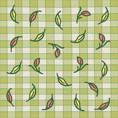 Sage Green Gingham Floral Seamless Pattern. Elegant sage green gingham seamless pattern in soft pastel tones. Minimalist checkered background with light green and blush pink combination. 