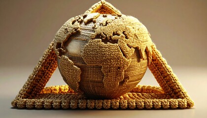 Golden textured globe nested within a crocheted triangular frame