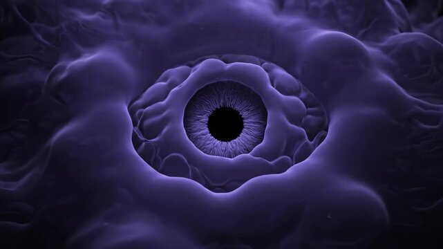 Cosmic nebula forming biological eye in deep space. Abstract sci-fi animation showing space entity evolution and extraterrestrial biology concept.