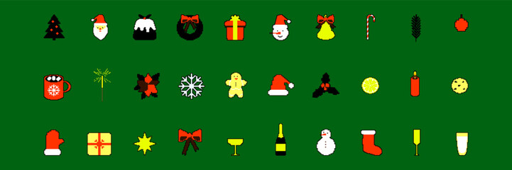 Festive pixel art set icons celebrating Christmas traditions on a green background