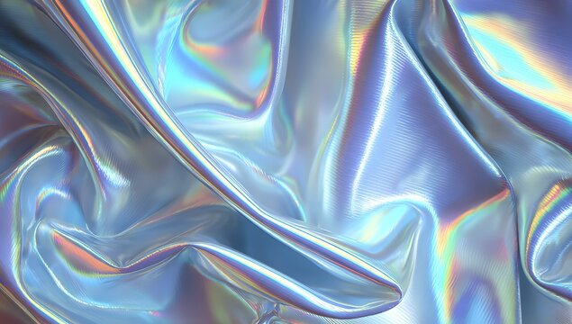 Close up view of iridescent holographic fabric with shimmering light reflections and fluid wavy folds creating a futuristic and ethereal texture