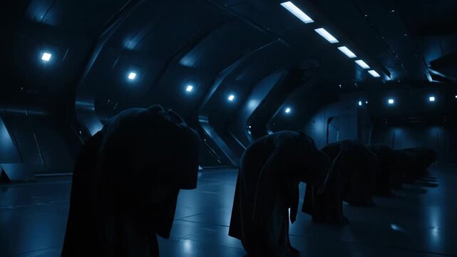 Hooded figures gather in deep space monastery orbiting pulsar. Sci-fi monks perform ritual in blue-lit corridor. Futuristic space exploration concept with orbiting cosmic phenomenon in animation