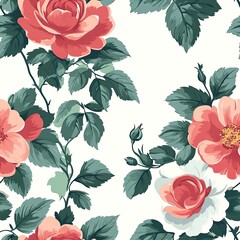 Seamless pattern of red roses and green leaves, ideal for romantic textile and wrapping paper design.