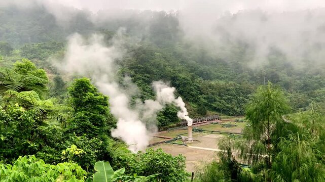 High in the mountains, a geothermal plant for the generation of renewable electricity that is environmentally friendly for nature