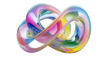 Iridescent infinity loop with colorful reflections against a black background in close up view on transparent background