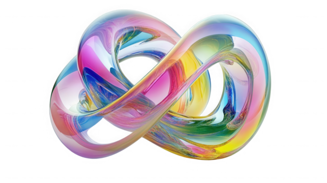 Iridescent infinity loop with colorful reflections against a black background in close up view on transparent background