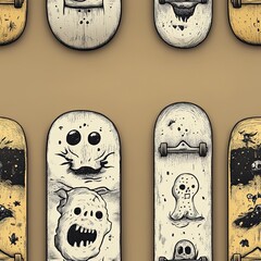 Seamless skateboard pattern with skulls and doodle art on beige background, perfect for streetwear and youth design.