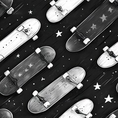 Monochrome seamless pattern of skateboards in motion, ideal for sporty or street-inspired textile designs.