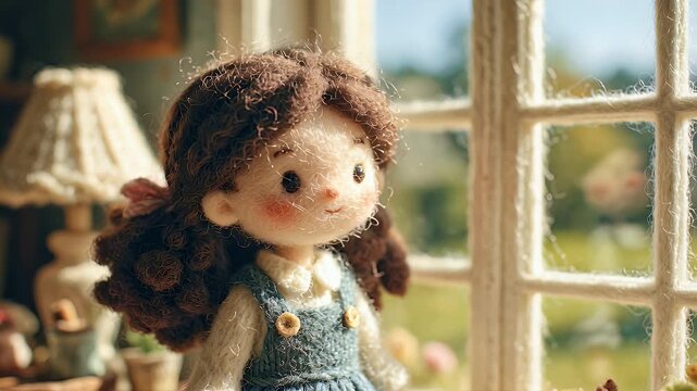 Handmade doll portrait with natural lighting and window background
