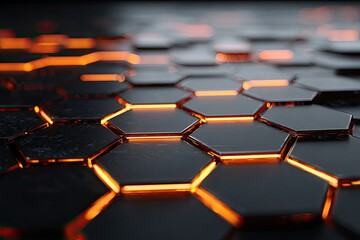 Obraz premium Glowing orange lines illuminate a dark, textured hexagonal grid (1)