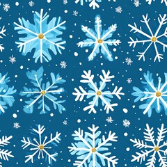 Seamless pattern of bright blue snowflakes on teal background, perfect for winter decorations and fabric prints.