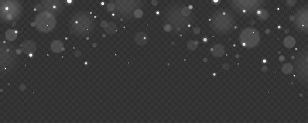 Glowing bokeh lights on a dark transparent background. Abstract falling white particles with soft blur effect for dreamy luminous atmosphere or festive designs. Vector illustration. © sersupervector