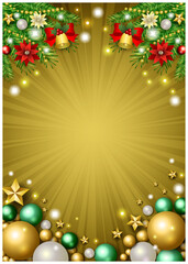 クリスマス背景、オーナメント、星、かわいい、イラスト、金、縦