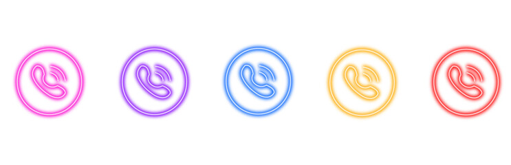 A vibrant set of five neon telephone icons, displayed in a row on a white background, featuring a pink, purple, blue, orange, and red glowing effect, representing communication and connectivity concep