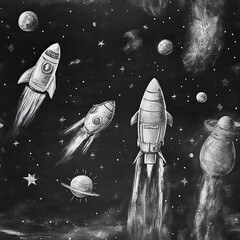 Seamless pattern of vintage rockets launching in outer space, perfect for retro sci-fi designs and textiles.