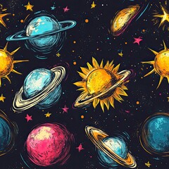 Seamless pattern of colorful planets and suns on dark background, ideal for astronomy or cosmic-themed projects.