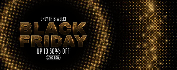 Black Friday sale banner with golden glowing dots and glittering halftone text on a dark background. Luxurious design for online store promotions and discount campaigns advertising. Vector.