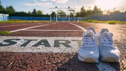 White running shoes placed at the start line of a track field. The sun is setting in the background, casting a warm glow over the scene.